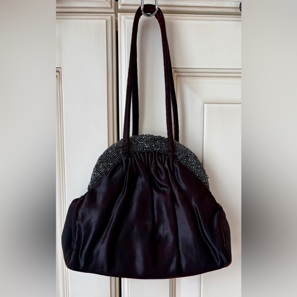 Vintage Furhman satin evening bag. Beaded Trim. Chocolate Brown/Black Color.